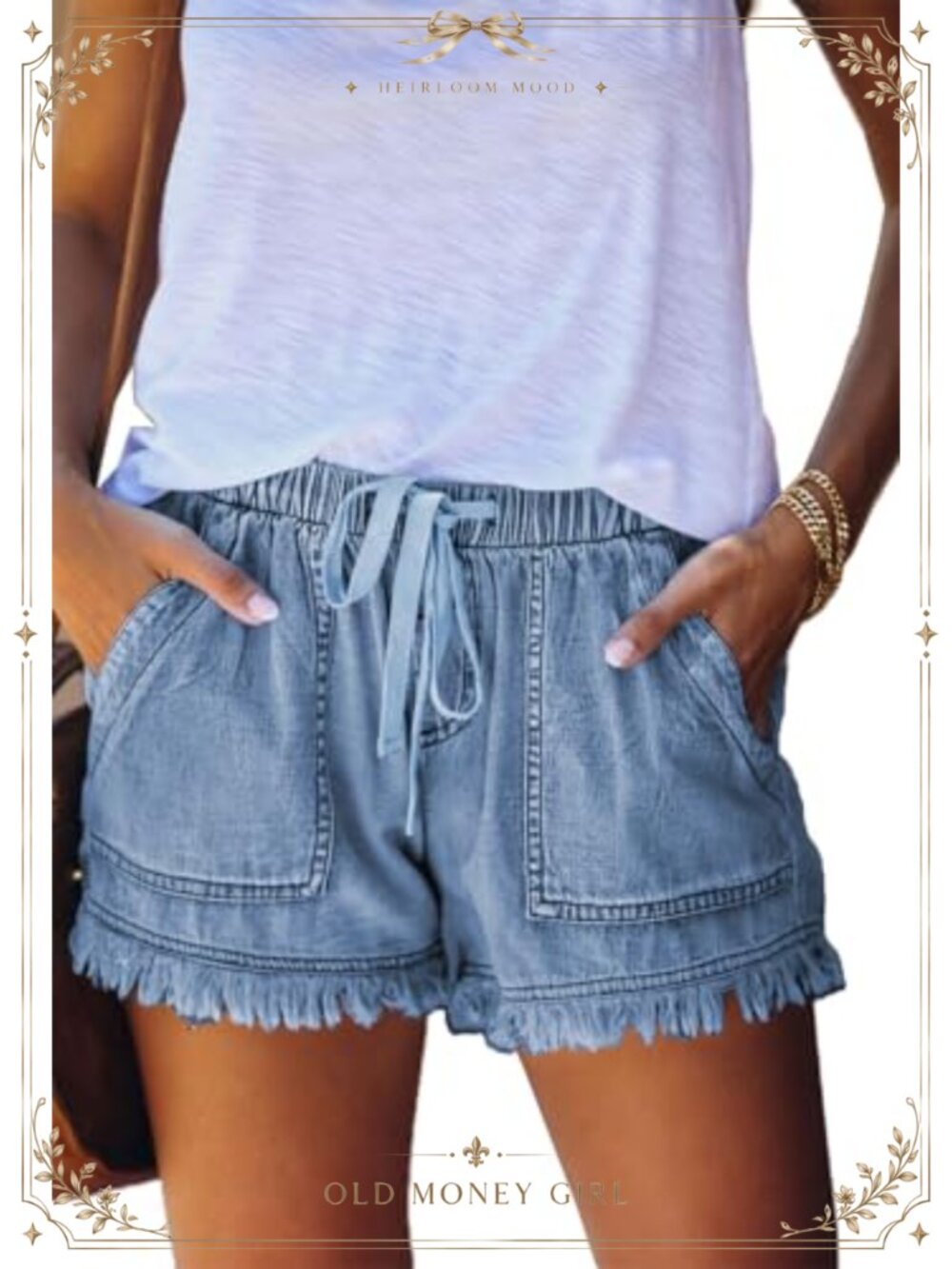 Womens Drawstring Elastic Waist Jean Shorts Raw Edge Tassel Hem with Pockets